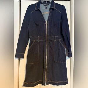 INC Dark Indigo Zip-Front Denim Jacket Dress with Contrast Topstitching